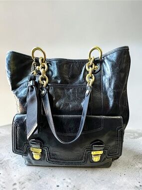 COACH Vintage Poppy Camelia Large Black Leather Tote Shoulder Bag Gold Chain